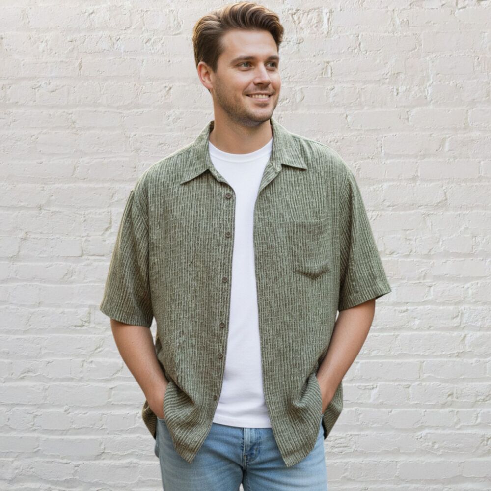 Claiborne Olive Cream 100% Silk Camp Shirt XL Vintage Timeless Relaxed Preppy